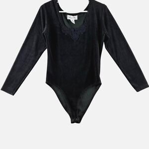 Vtg Black Velvet Bodysuit M Crochet Lace Vampire Witchy Whimsigoth Dark Romantic